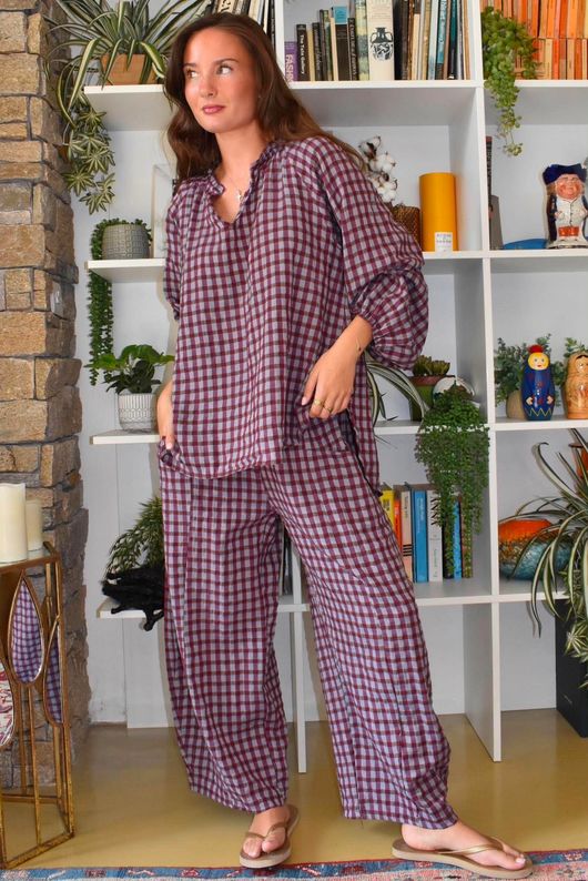 Vivienne Plaid Relaxed Barrel Pant Aubergine & Denim